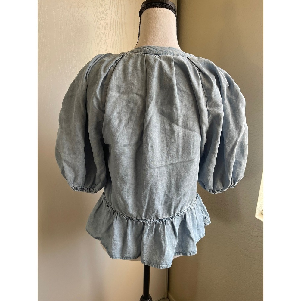 DKNY Front Zip Peplum Chambray Top Womens S Blue Puff Sleeve Lyocell Blouse - Picture 3 of 16